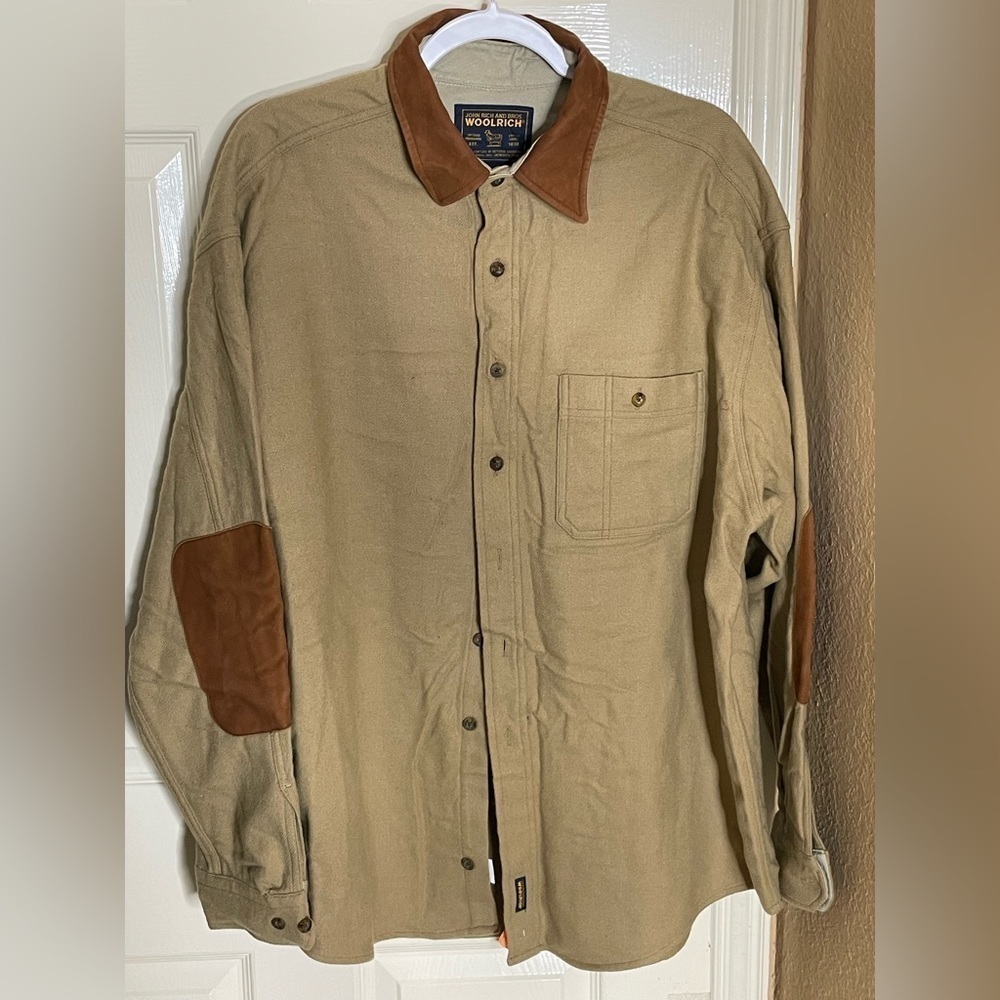 Vintage Woolrich Men's Button Down Wool Shirt Brown XL Elbow Patches‌ - Picture 2 of 10
